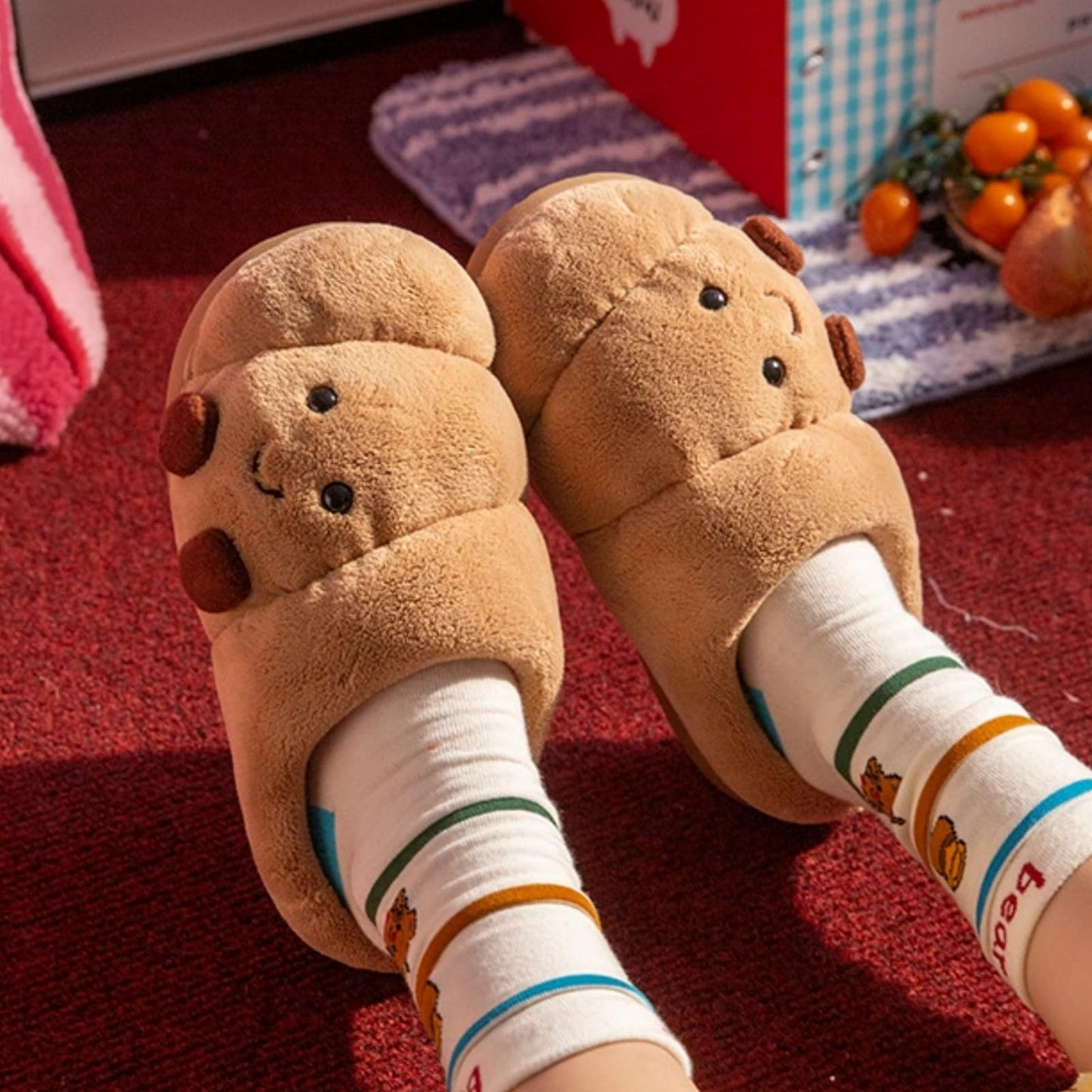 Croissant Fuzzy Slippers Women Open Back& Closed Back Cute House Shoes 1.4” Y2k Aesthetic Warm Non-Slip Indoor Fluffy Slippers