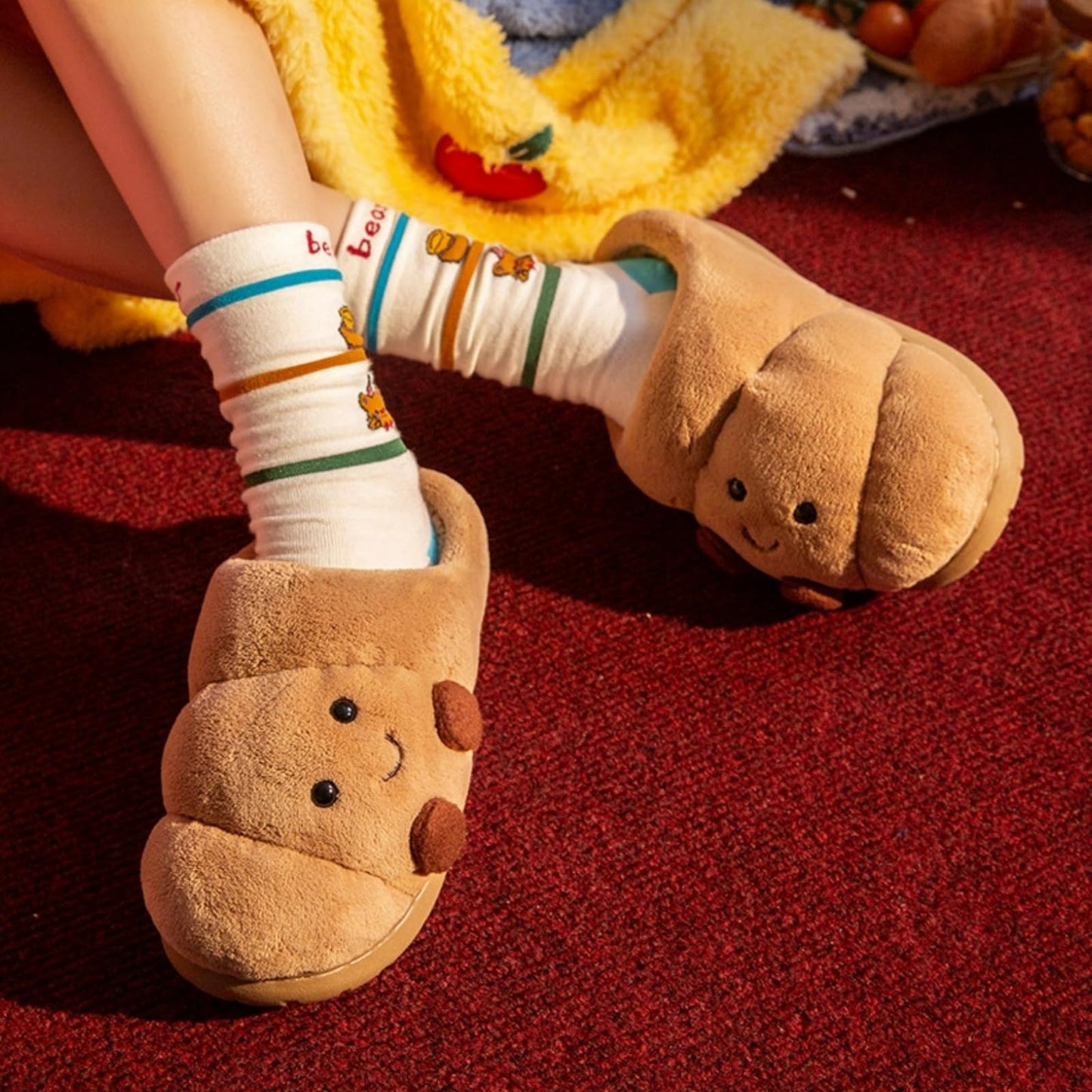 Croissant Fuzzy Slippers Women Open Back& Closed Back Cute House Shoes 1.4” Y2k Aesthetic Warm Non-Slip Indoor Fluffy Slippers