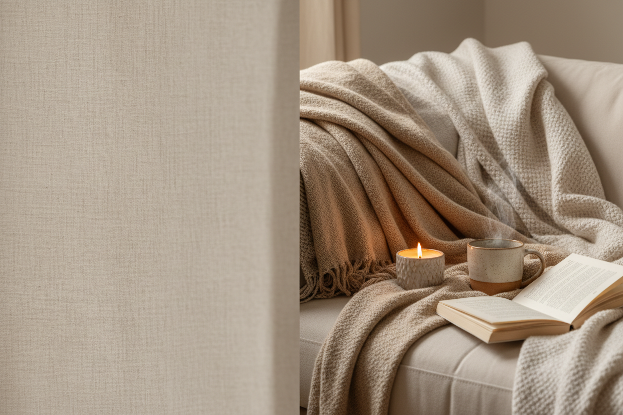 A cozy, minimalist lifestyle scene designed as a website hero background. A soft neutral sofa or bed with layered beige and cream blankets on the right side, a warm candle glow, a ceramic mug of tea, and an open book placed gently beside it. The left side of the image is intentionally empty with a softly blurred linen texture, creating clean negative space for website text. Warm natural lighting, calm serene mood, shallow depth of field, muted earthy tones, hygge aesthetic, elegant and peaceful, high-end 