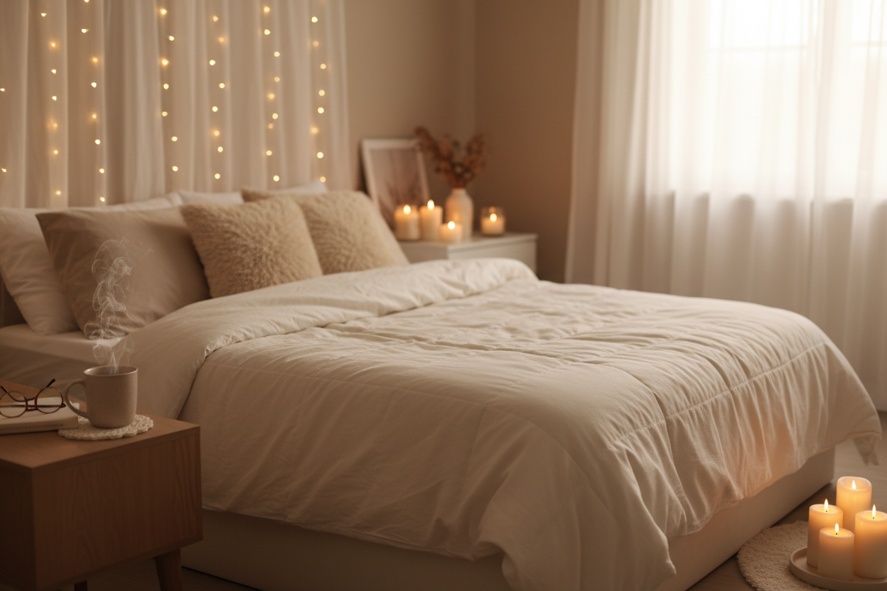 generate a releatic phoot of cozy bedroom with candles and overstuffed duvet lots of pilllow all beige fairlgihts and a cup of coffes and glasses on the ngihtstand